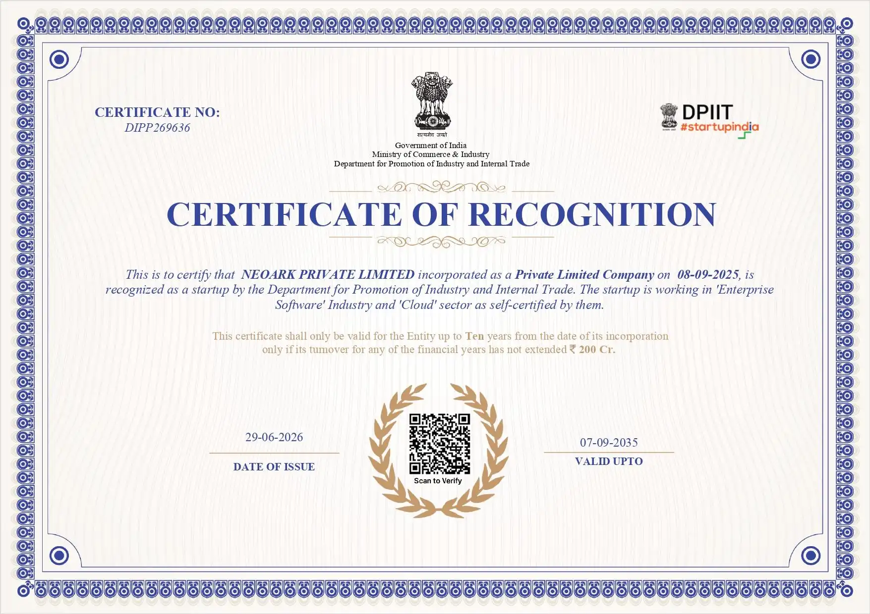 Startup India recognition certificate